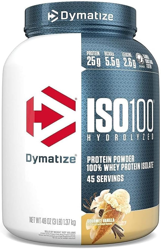 Dymatize ISO 100 Whey Protein Powder with 25g of Hydrolyzed 100% Whey Isolate, Gluten Free, Fast Digesting, Gourmet, 3 Pound, Vanilla, 3 Pound, 48 Oz